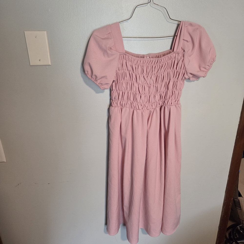 SHEIN Pink Smocked Square-Neck Puff Sleeve Dress
